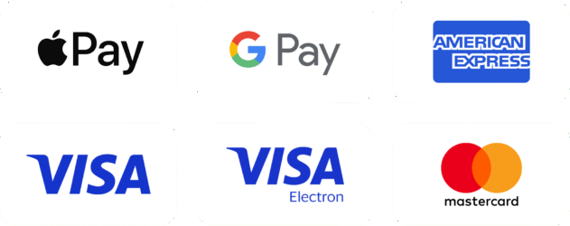 Apple Pay, Google Pay, American Expres, Visa, Visa Electron, Mastercard
